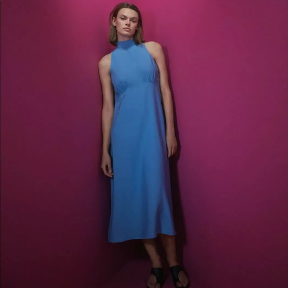 ZARA Halter Neck Sleeveless Linen Midi Bow Dress - Picture 8 of 9